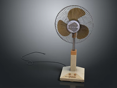 Vintage Style Electric Desktop Fan with Wooden Base Metal Grille and Brown Blades 3d model