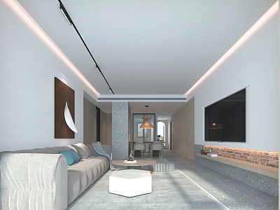 Modern Living Dining Room Interior With Gray Sofa White Coffee Table Brick TV Wall 3d model