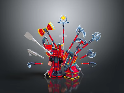 Lego Style Red Mechanical Device With Various Weapons Axes Hammers And Spears 3d model