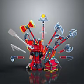 Lego Style Red Mechanical Device With Various Weapons Axes Hammers And Spears