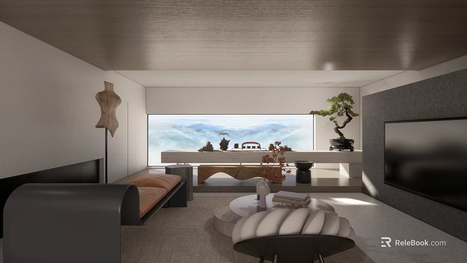 Modern Living Room Interior With Large Window Mountain View Sofa Coffee Table And Bonsai Plant 3d model 