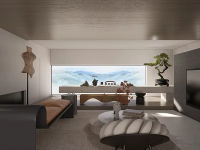 Modern Living Room Interior With Large Window Mountain View Sofa Coffee Table And Bonsai Plant 3d model