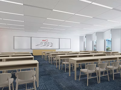 Modern School Classroom Interior With Neat Desks Whiteboard And Bright Lighting 3d model