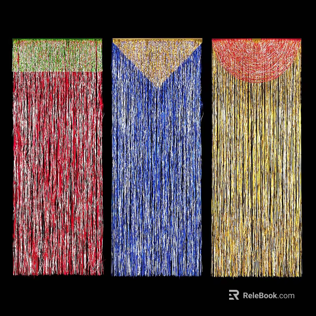 Colorful Fringe Curtains With Red Blue Gold Hues And Decorative Top Borders 3d model 