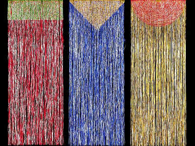 Colorful Fringe Curtains With Red Blue Gold Hues And Decorative Top Borders 3d model