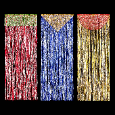 Colorful Fringe Curtains With Red Blue Gold Hues And Decorative Top Borders 3d model