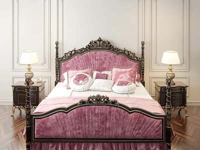 Luxurious Double Bed with Pink Velvet Headboard Black Carved Frame and Nightstands with Table Lamps 3d model