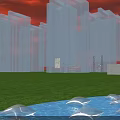 Glass Curtain Wall Building With Sunset Sky Green Banners And Plaza Foliage