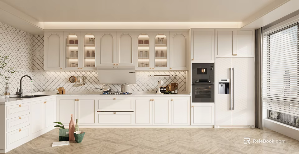 Modern Kitchen Interior With White Cabinets Glass Door Upper Units Countertops And Herringbone Floor 3d model 