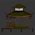 Traditional Chinese Pavilion With Green Roof Wooden Structure And Hanging Lanterns On Platform