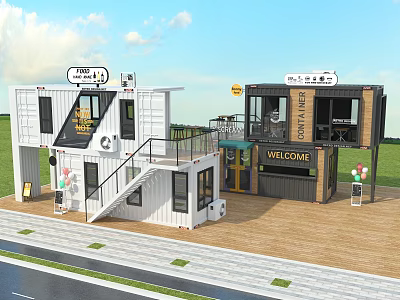 Modern Container Buildings Designed As Coffee Shop With Terrace Stairs And Welcome Sign 3d model