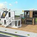 Modern Container Buildings Designed As Coffee Shop With Terrace Stairs And Welcome Sign