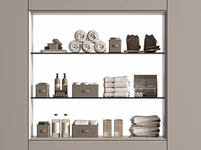 Minimalist Home Storage Shelf With Rolled Towels Stacked Bottles And Organized Containers 3d model