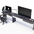 Modern Functional Desk With Dual Monitors Keyboard Mouse Desk Lamp Office Chair And Coffee Cup