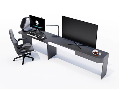 Modern Functional Desk With Dual Monitors Keyboard Mouse Desk Lamp Office Chair And Coffee Cup 3d model