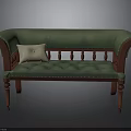 Green Leather Sofa Bench With Red Wooden Armrests Tufted Details And Light Cushion