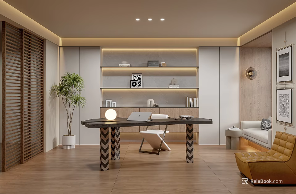 Modern Open Study Room Interior With Wooden Desk Floating Shelves And Green Plant 3d model 