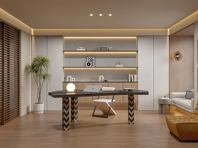 Modern Open Study Room Interior With Wooden Desk Floating Shelves And Green Plant 3d model