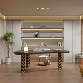 Modern Open Study Room Interior With Wooden Desk Floating Shelves And Green Plant