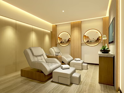 Modern SPA Sauna Interior With White Massage Chairs Wooden Decor And Soft Lighting 3d model