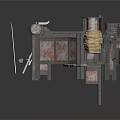 Industrial Scene Components With Metal Fence Vintage Machine And Rustic Bench