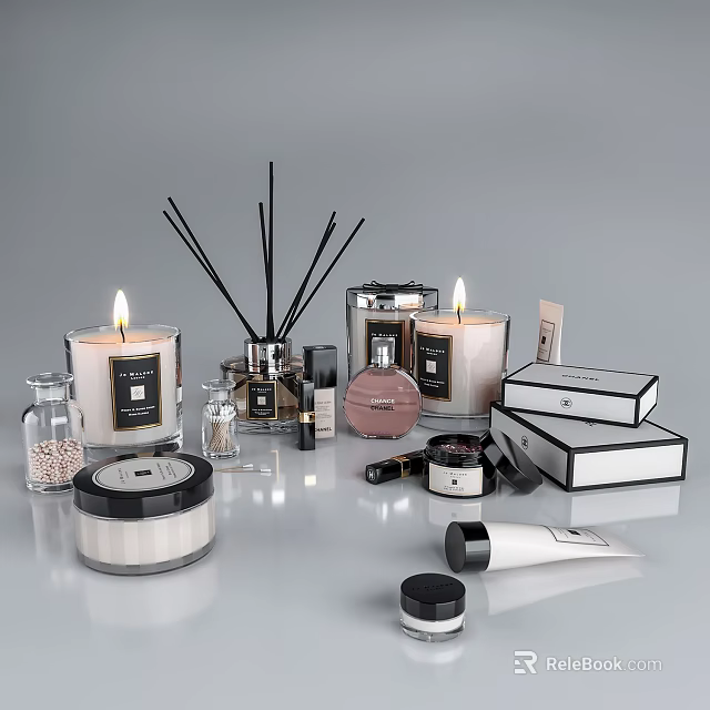 Perfume Cosmetics Display With Scented Candles Diffusers And Skincare Items 3d model