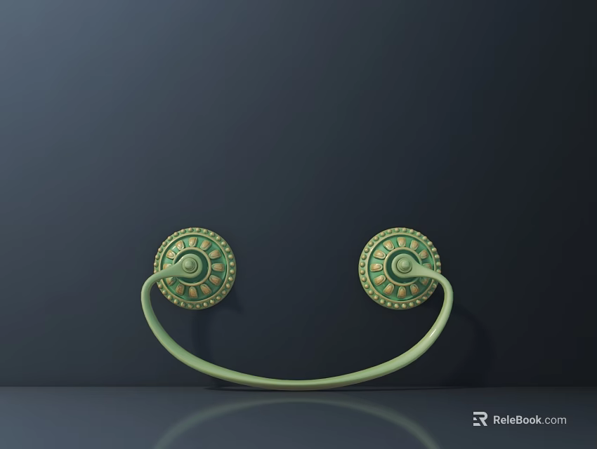 Green Circular Door Handles With Decorative Patterns Forming Smiley Shape On Dark Reflective Background 3d model 