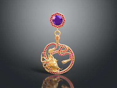 Golden Pendant Earrings With Purple Gemstone Red Accents And Intricate Carved Design 3d model