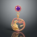 Golden Pendant Earrings With Purple Gemstone Red Accents And Intricate Carved Design