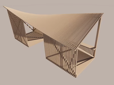 Wooden Garden Structure with Sloped Roof Striped Design and Outdoor Platform Area 3d model