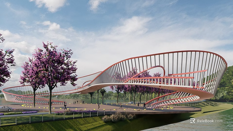 The Modern Red Curved Bridge With Purple Flowering Trees River Grassland And Pedestrians 3d model 