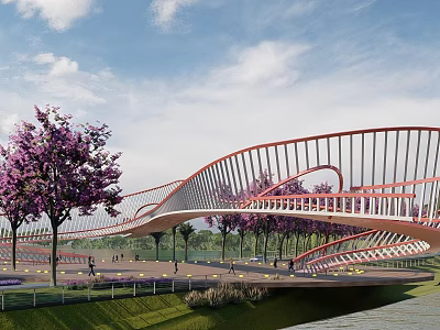 The Modern Red Curved Bridge With Purple Flowering Trees River Grassland And Pedestrians 3d model