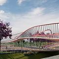 The Modern Red Curved Bridge With Purple Flowering Trees River Grassland And Pedestrians