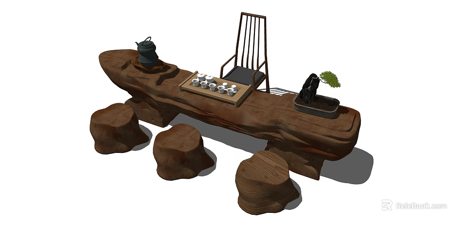 Natural Root Carving Tea Table With Tea Set Stump Stools And Potted Plant 3d model