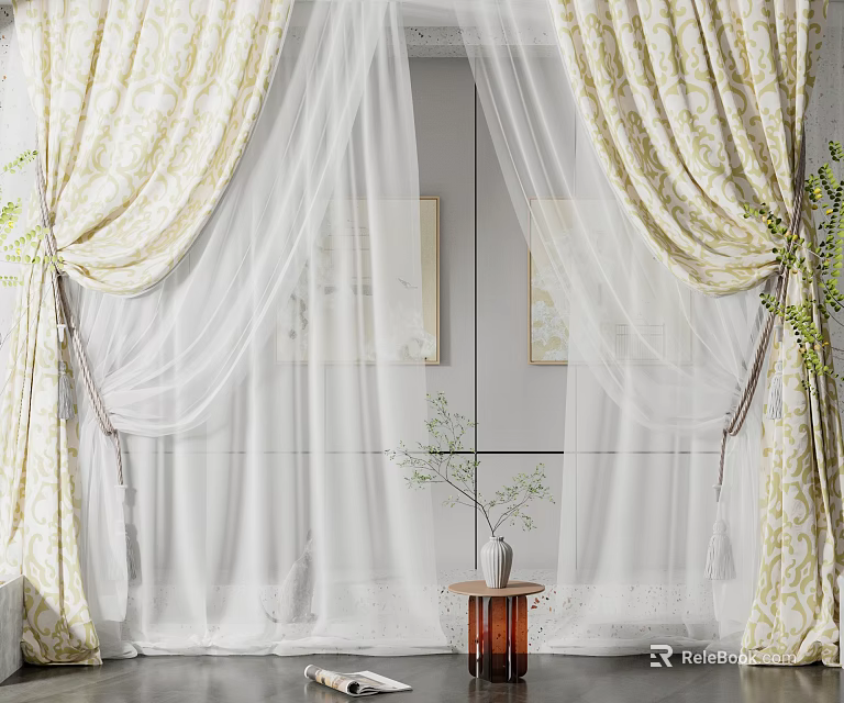Elegant White Sheer Curtains With Patterned Drapes In Stylish Interior Featuring Green Plants And Table 3d model 