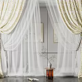 Elegant White Sheer Curtains With Patterned Drapes In Stylish Interior Featuring Green Plants And Table