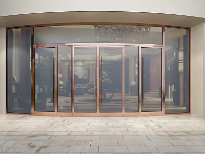 Modern Luxury Entrance Door With Glass Panels Metal Frame And Indoor Chandelier View 3d model