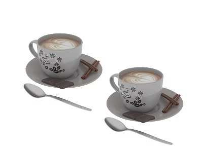 Delicious Latte Art Coffee In White Cups With Decorative Coasters Chocolate Sticks And Spoons 3d model