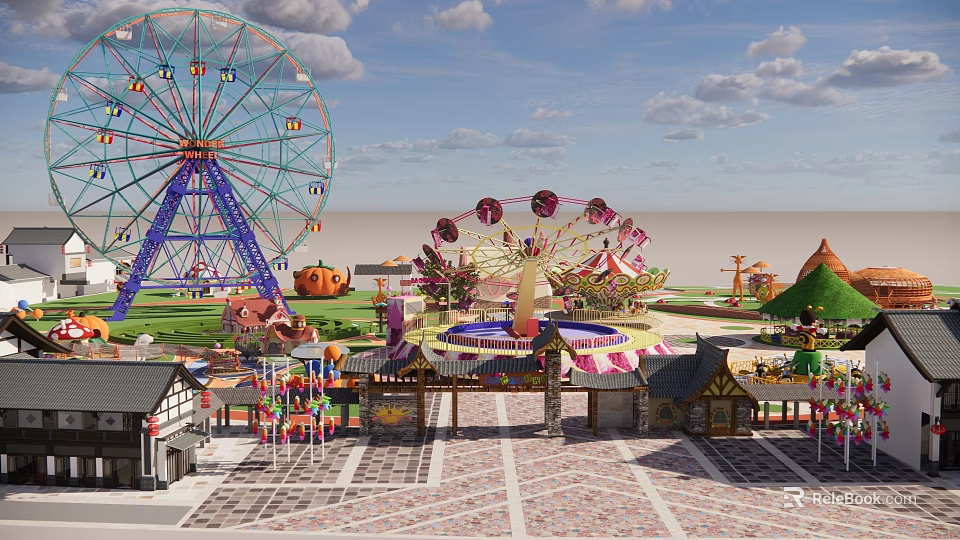 Scenic Amusement Park Landscape Featuring Ferris Wheel Carousel Traditional Buildings Colorful Decorations and Open Square 3d model 