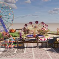 Scenic Amusement Park Landscape Featuring Ferris Wheel Carousel Traditional Buildings Colorful Decorations and Open Square