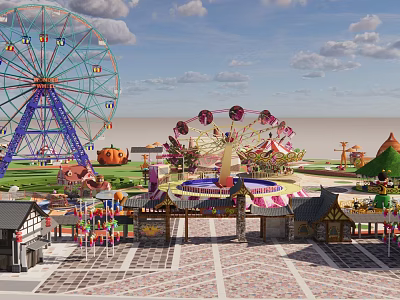 Scenic Amusement Park Landscape Featuring Ferris Wheel Carousel Traditional Buildings Colorful Decorations and Open Square 3d model