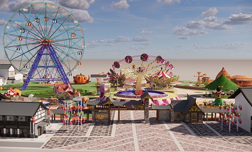 park children's park amusement park amusement facilities pirate ship ferris wheel roller coaster etc 3d model