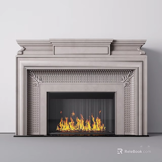 Classic Stone Fireplace with Intricate Leaf Motif Carvings and Burning Flames 3d model 