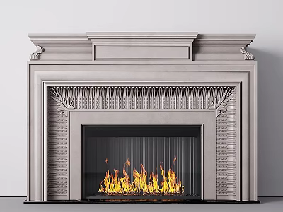 Classic Stone Fireplace with Intricate Leaf Motif Carvings and Burning Flames 3d model