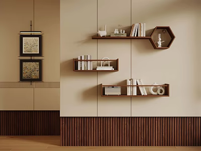 Minimalist Interior Wall With Wooden Shelves Books Decorative Items Wall Art And Paneling 3d model