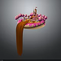 Floating Castle Like Building With Pink Trees Orange Waterfall And Cake Decorations