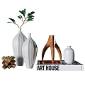 Modern Decorative Ornaments Set with Ribbed White Vases Wooden Cube and Art House Book