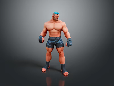 Muscular Man With Blue Hair In Standing Pose Wearing Blue Shorts And Black Boxing Gloves 3d model