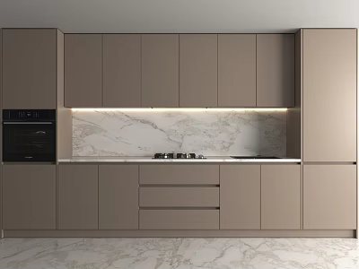 Modern Kitchen Design Featuring Beige Cabinets And Marble Countertop With Built-in Oven 3d model