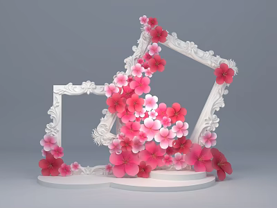 Interactive Area With White Carved Frames Pink Red Flowers Various Sizes And White Base 3d model